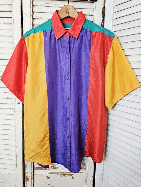 Vintage Tops - Vintage 90s 100% Silk Colourblock Blouse Red, Purple, Yellow Small *flaws*